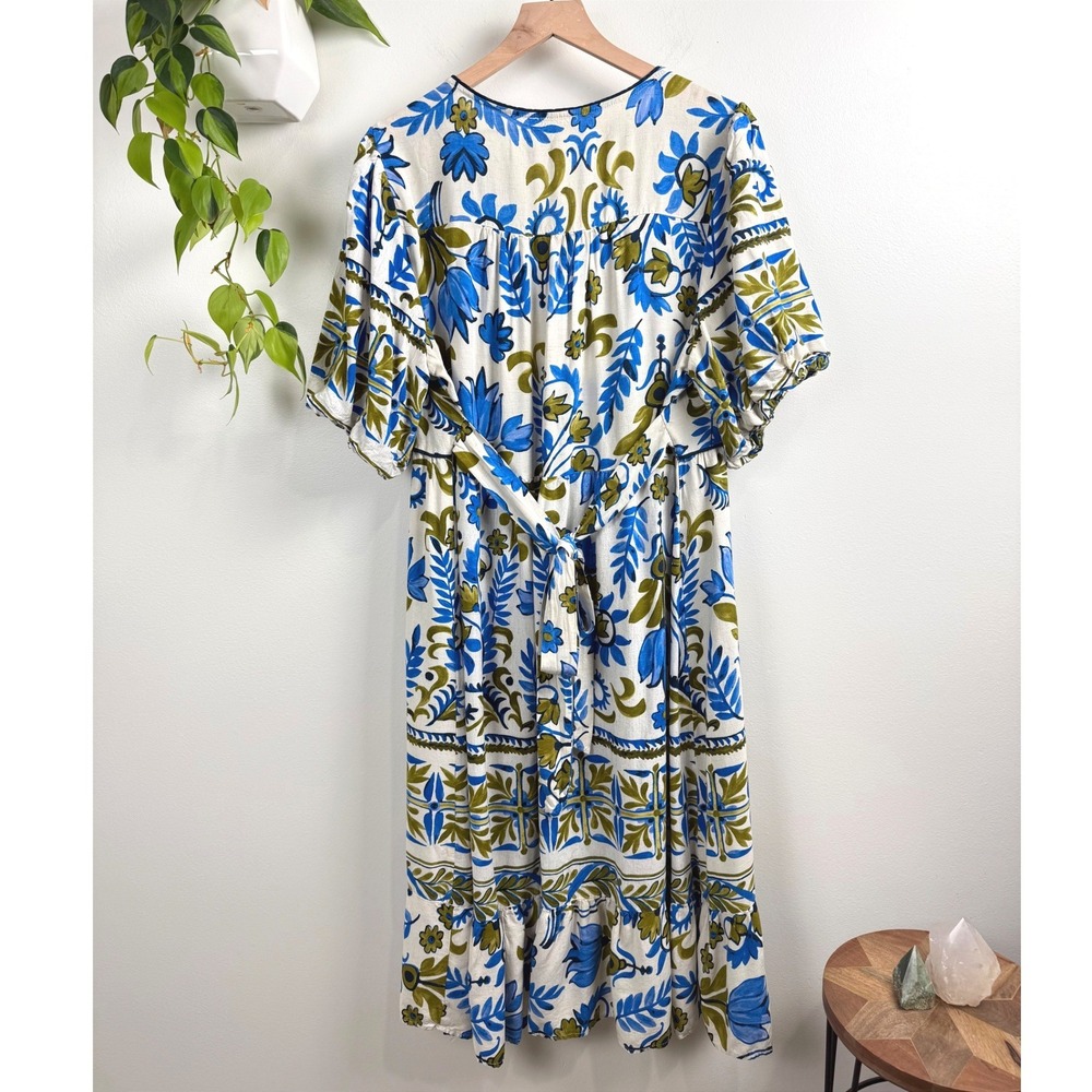Fig + Flower Women 2X Blue Olive Floral Linen Blend Midi Dress V-Neck Boho - Picture 2 of 9